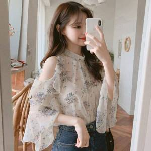 Summer Short Sleeve Floral Print Womens T-Shirt Chiffon Half Sleeve Design Sensation Shoulder Bared INS Trendy Top