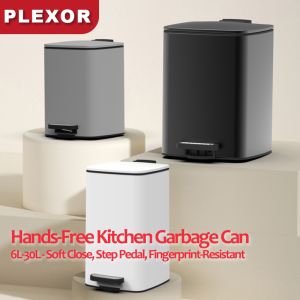 Plexor 6L-30L Hands-Free Kitchen Garbage Can Stainless Steel Tall Trash Can with Lid Soft Close Step Pedal Fingerprint-Resistant Kitchen Trash Can with Removable Inner Bucket