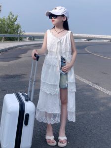 Girls Lace Trim Long Dress Korean Style Layered Wear Open Split Skirt Summer Fashionable Strap Vest Dress Childrens Clothing