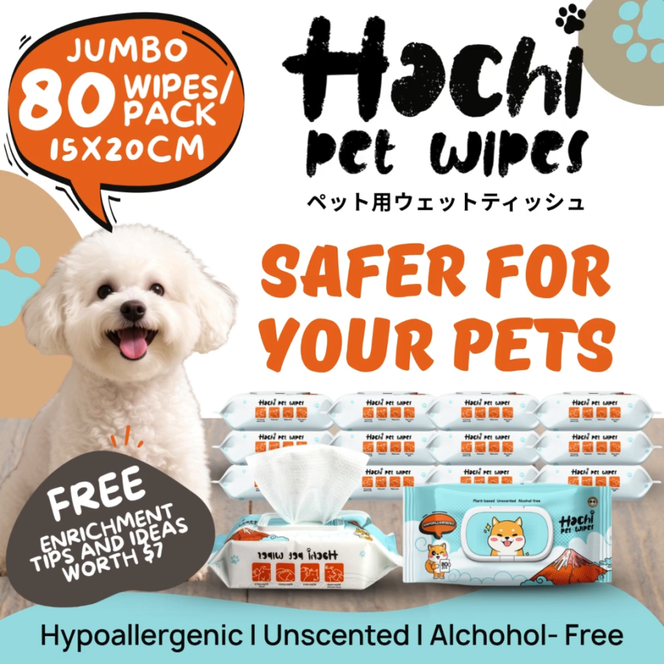 [SG] Hachi Pet Wet Wipes | Jumbo 15×20cm | 80 Sheets | Dog & Cat | Hypoallergenic | Alcohol-Free