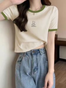 New 2025 Womens Cotton T-shirt Short Sleeve Waist-Cinching Asymmetrical Design Summer Fashionable Print Commute Style Regular Thickness
