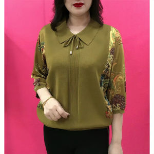 Ladieswear Spring/Summer New Arrival Lapel Patchwork Caramel Knitwear Tops All-Matching Youthful-Looking Womens Flab Hiding 3/4 Sleeve Shirt