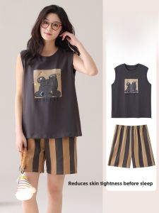 MiiOW | Pure Cotton Summer Thin Sleeveless Cartoon Home Clothes Set For Women Cat Person Sleepwear Short Pants Round Neck Design
