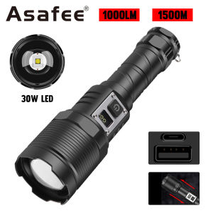 Asafee 8120 Flashlight XHP70 LED 30W  White Laser Telescopic Zoom Torch Use 18650/26650 Battery USB Rechargeable Display Waterproof Camping Fishing Outdoor Working Light
