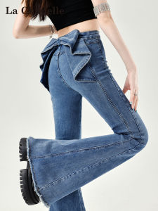 La Chapelle Sweet 3D Butterfly Knot Denim Pants Womens Summer New High Waist Cheeky Hairline Micro Flared Pants Casual Style