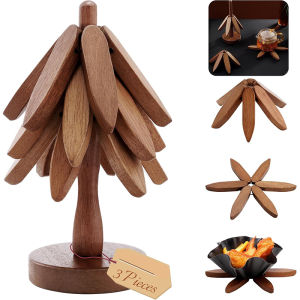 LMETJMA Wooden Trivets for Hot Dishes Tree Shape Trivet Set Cup Coaster Set Foldable Kitchen Trivet For Pot Bowl Teapot JT395