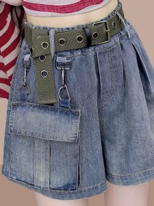 กางเกงขาสั้นผ้ายีนส์ขากว้างไซส์ใหญ่สไตล์ยุโรปสำหรับผู้หญิงในช่วงฤดูร้อนปี 2025 กางเกงขาสั้นทรงหลวมสไตล์ย้อนยุคที่สวมใส่สบายและมีสไตล์