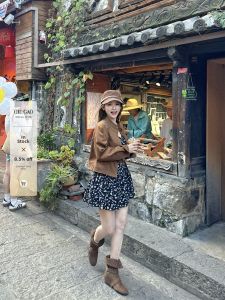 Womens Petite Autumn Short Jacket Qiegao-Style Maillard Pink Brown