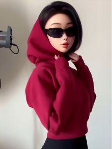 American Style Casual Solid Color Oversized Hoodie Women Early Autumn New Fashion Versatile Fleece Short Top Streetwear