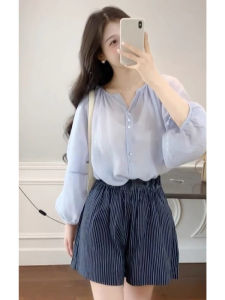 YUEZHONGWEI | French Lantern Sleeve Blue Thin Sun Protection Shirt Women Summer Outerwear Unique Beautiful Early Summer Top Loose Fit Button Detail Long Sleeve Round Neck