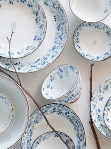 ชุดจานและจานชามดินเผาสไตล์ญี่ปุ่น Blue Lotus Home ชามทานอาหารสีล่าง ชามจานหิน เครื่องมือดูดซับน้ำแบบอัตโนมัติ