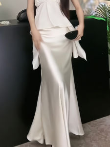 French High Waist Long Acetate Satin Draped Milk White Half Skirt Women Summer Slimming Loose Fitting Bodycon Skirt