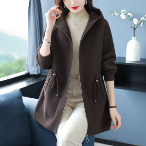 Hengyuanxiang Waist-Tight Mid Length Long Length Woolen Coat Mothers Woolen Coat Hooded Cashmere Jacket plus Size Cardigan