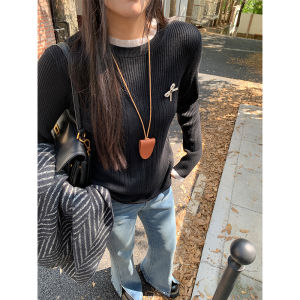 Chic plus Size Lace Base Shirt Womens Winter Slim Fit Shoulder Butterfly Knot Chest Pin Stylish Commute Polyester Blend Long Sleeve round Neck