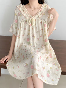 Cute Pajamas Womens Summer Short Sleeve Japanese Style Princess Ins Style Ruffles Floral Nightdress Can Be Outerwear Homewear