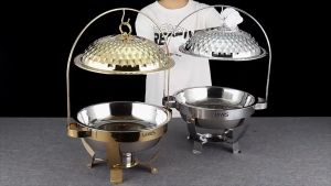 8.0L Food Warmer Chafing Dishes Buffet Luxury Gold Catering Stainless Steel Hanging Arabic Diamond Style Cover