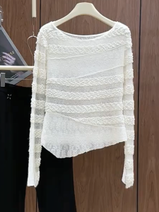 QINGNAER | Elegant Hollow Splicing Long Sleeve Knit Blouse Large Size