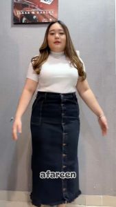 AFAREEN - Rok Jeans Panjang Kancing Depan Rok Span Wanita Rok Denim Rawis Skirt Jeans Size 29-43