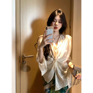 ZHILU | Vintage Tencel Knot Sleeve Slim Fit Blouse