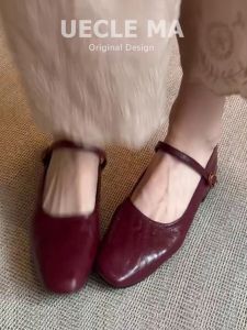 MASHUJIA | Leather Retro Soft Red Low Heel Womens Mary Jane Shoes