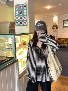 Loose Long Sleeve T-Shirt Womens Korean Style Half Open Collar Slimming Lazy Feel Striped Color Block Button up Top