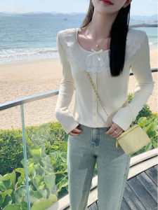 Zeng Xiao Xian Sweet Apricot Butterfly Knot Lace Trim round Neck Short Knitted T-Shirt Long Sleeve Commute Style Korean Fit