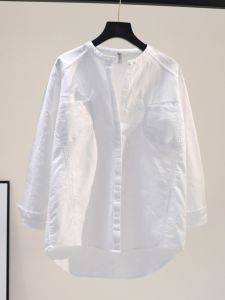 White Loose Long Sleeve round Neck Shirt Womens Spring Autumn Double Pocket Brand Discount Tag Removed Fashionable Commute Style