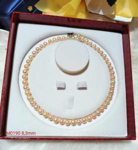 Vòng cổ ngọc trai hồng cam 83mm viên tròn đều