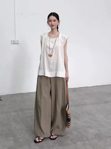 HTMEME | Áo Blouse Nữ Mùa Hè Cổ Trụ Sọc Tay Voan Nhỏ