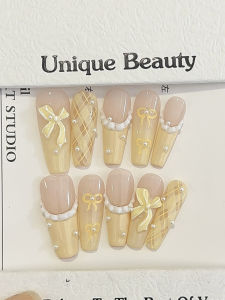 Cute Spunky Yellow French Pure Handmade Wearable Nail Art Butterfly Knot Diamond Pattern Imitation Pearl Summer Whitening Nail Art