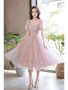 Elegant Short Evening Gown Womens Fashion Korean Style Birthday Party Hostess Dress Beaded mid Waist Short Sleeve Midi Dress