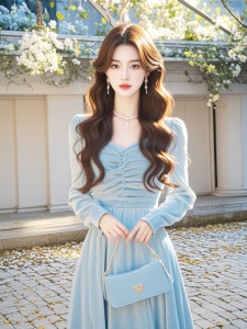 Elegant Blue Velvet Long Dress Womens Autumn Fashion High Waist A-Line Skirt Style Commute Friendly Classic Sleeve Dress