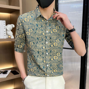 Ice Silk Short Sleeve Shirt Mens Summer Thin New Korean Version Slim Fit Printed Collar Youth Casual Top Polyester Fiber