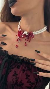 Ingemark | Ingemark Vintage Red Crystal Blood Water Drop Pendant Choker Necklace for Women Goth Imitation Pearl Chain Halloween Jewelry New