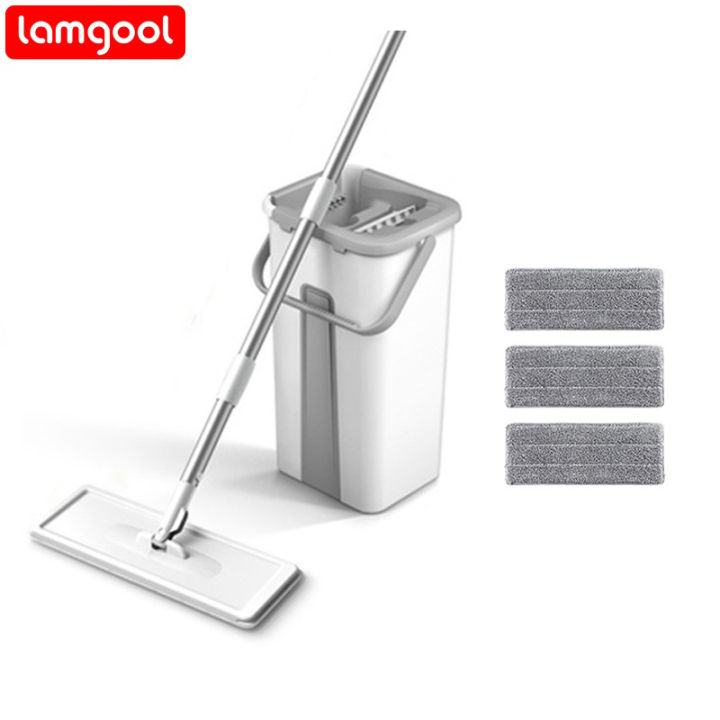 Flat Squeeze Mop with Bucket Hand Free Wringing Floor Cleaning Mop ...