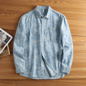 American Casual Denim Shirt for Men Spring & Fall Loose Cotton Long Sleeve Shirt Retro Print Shirt New Coat