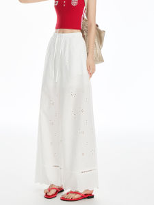 QIAOMIDUO | กางเกงขายาวทรงหลวมเอวยางยืดผ่าหน้าปักลายโปร่งบางสำหรับผู้หญิง กางเกงขายาวทรงตรงทรงหลวมสำหรับฤดูร้อน