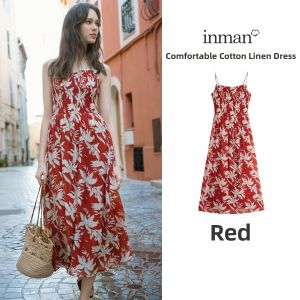INMAN | Beach Holiday Style Print and Gathered Straps Red Dress