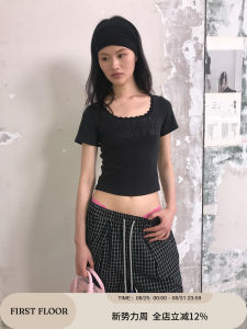 Firstfloor Simple U-neck Slim Fit Printed T-shirt Short Sleeve Summer Cotton Blend Moisture Wicking Commute Style Top