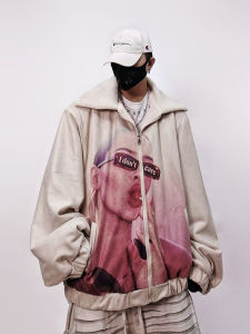 Hip-hop Style Lambswool Fleece Lined Shoulder Padded Retro Loose Jacket