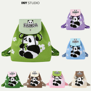 Large Capacity Knitted Drawstring Backpack Womens Handbag Fashionable Cartoon Panda Design Multi-Functional Shoulder Bag