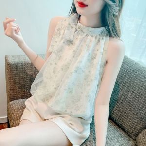 Áo Sơ Mi Voan Không Tay Thanh Lịch Mùa Hè 2025 Cho Nữ Áo Vest Hở Vai Cổ Treo Kiểu Hàn Quốc Tay Ngắn Thường Ngày