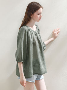 Miccbeirn | Pure Flax Womens T-shirt Glitter Spray Gold Bubble Sleeve Simple French Sweet Style Artistic Commute White Enhancing Top