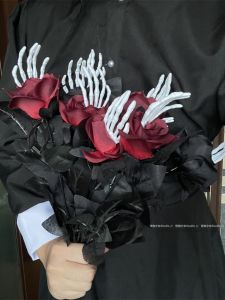 Halloween Gothic Artificial Rose Photo Props Black Red Fake Bouquet Skull Hand Fake Flower Bar Atmosphere