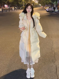 Sweet Style Hooded down Cotton Jacket Womens Winter Fashion Bell Sleeve Fur Collar Waist-Cinched Coat Mid-Length Loose Fit