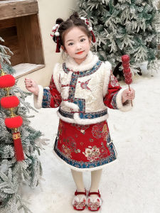 Thickened Winter Childrens Cheongsam Skirt New Chinese Style Baby Girls New Years Clothes Cotton Blend Fabric Floral Pattern