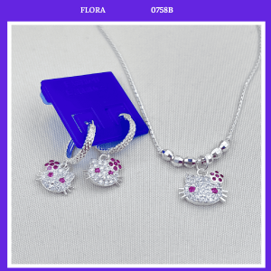 FLORA 0758B - Set bạc ta dây chuyền bông tai hình mèo Hello Kitty dành cho bé gái