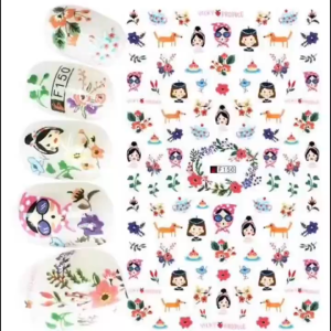 Miếng Dán Trang Trí Móng Nghệ Thuật F150 – Họa Tiết Cô Gái Hoa Chó Con Dễ Thương Phong Cách Hàn Quốc