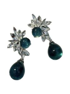 New Style Heavy Work Diamond Embedded Waterdrop Earrings Vintage Court Style Sapphire Blue Peacock Fashionable Large Clip-On Earrings