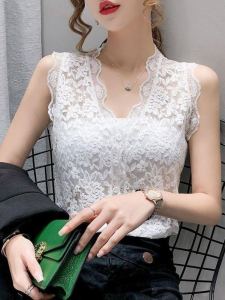 เสื้อกล้ามลูกไม้แขนกุดเซ็กซี่สำหรับผู้หญิงในช่วงฤดูใบไม้ผลิและฤดูร้อน เสื้อคลุมผ้าตาข่ายอเนกประสงค์แบบติดรัดหลัง ผ้าฝ้ายผสมโพลีเอสเตอร์